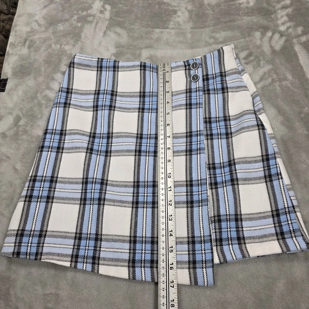 Blue‎ Rain Wrap Mini Skirt Button Detail White Blue Plaid Size S